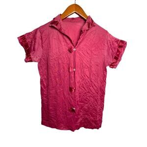 Vintage Pink Satin Shirt Size S Short Sleeve Cranberry Pajama Sleep Top 1970s
